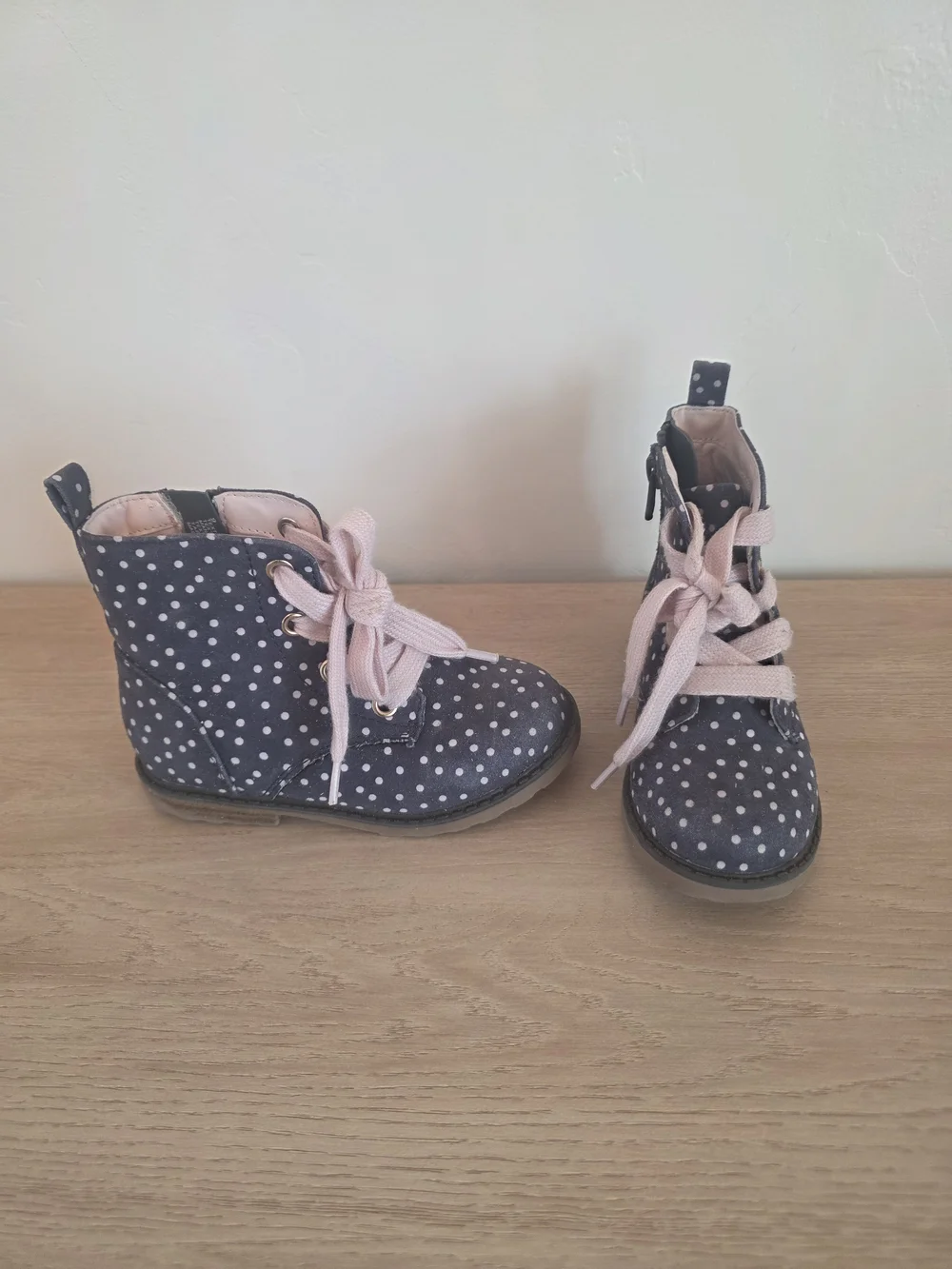 Cat & Jack Navy Polka Dot Ankle Boots with Pink Laces